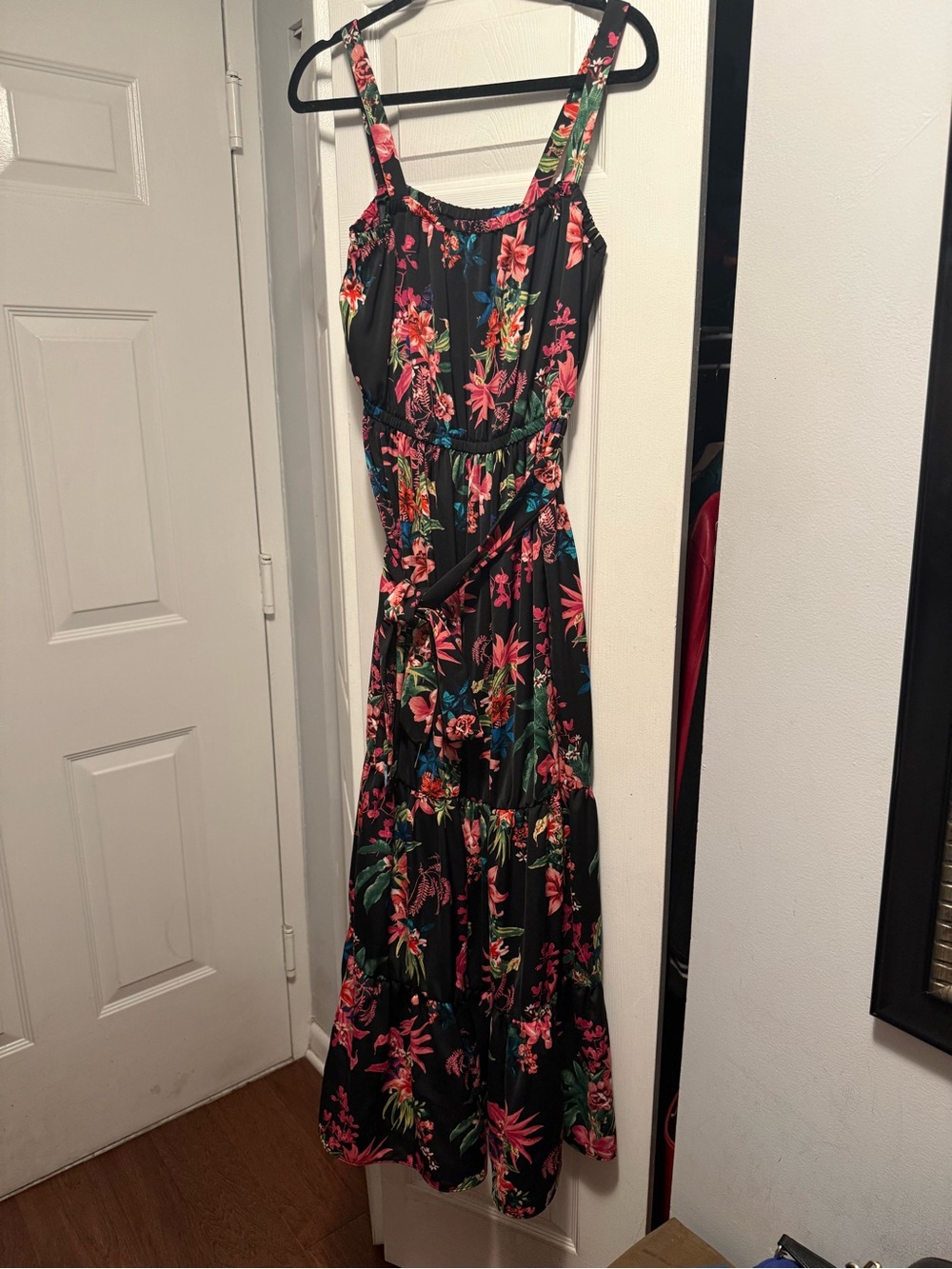 Floral Tiered Black Maxi Dress with Pink & Green Blooms